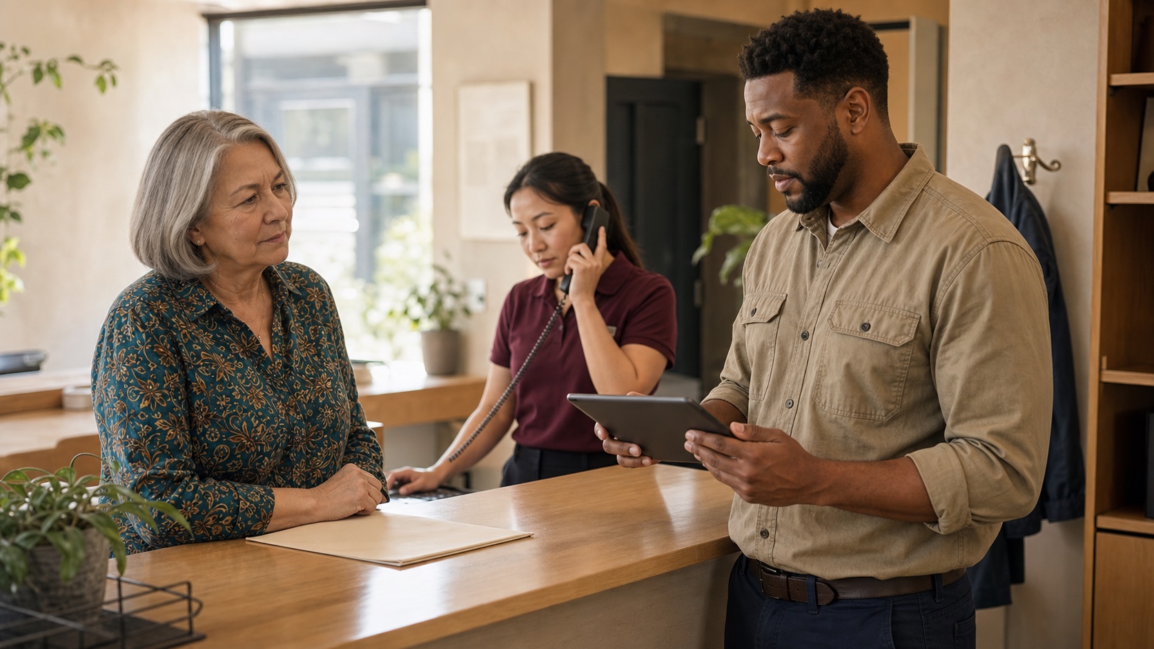 A fictional customer waits while a service-business team searches for current status.