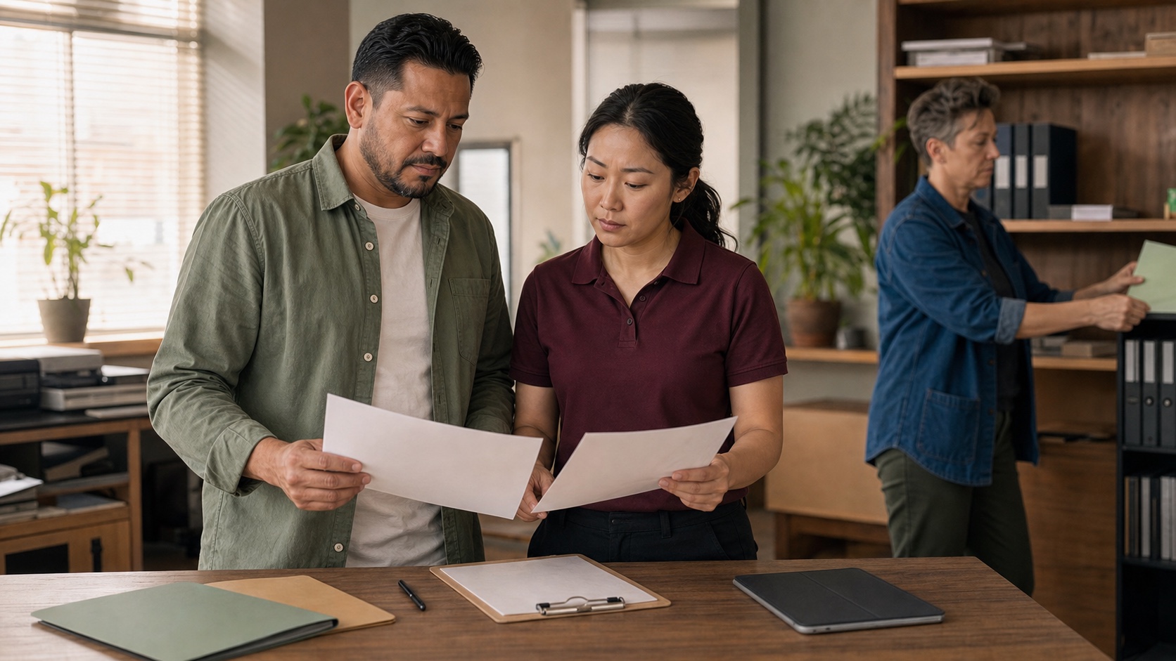 A fictional service-business team compares conflicting records while a colleague repeats data entry.