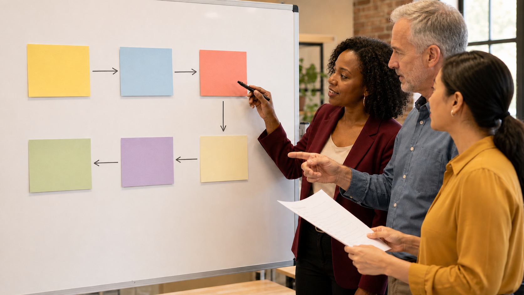 A fictional service-business team maps a realistic six-step handoff on a whiteboard: request received, owner assigned, work in progress, quality review, approved, then follow-up and close.