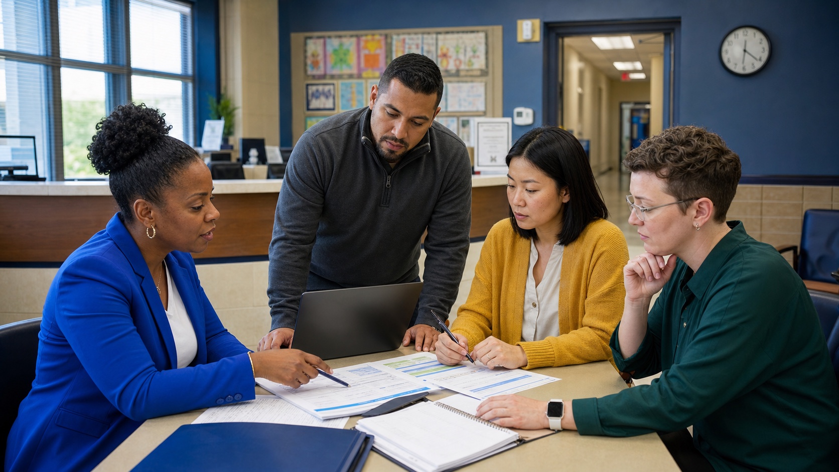 A fictional diverse school administrative team reviews attendance and enrollment operations in a front office.
